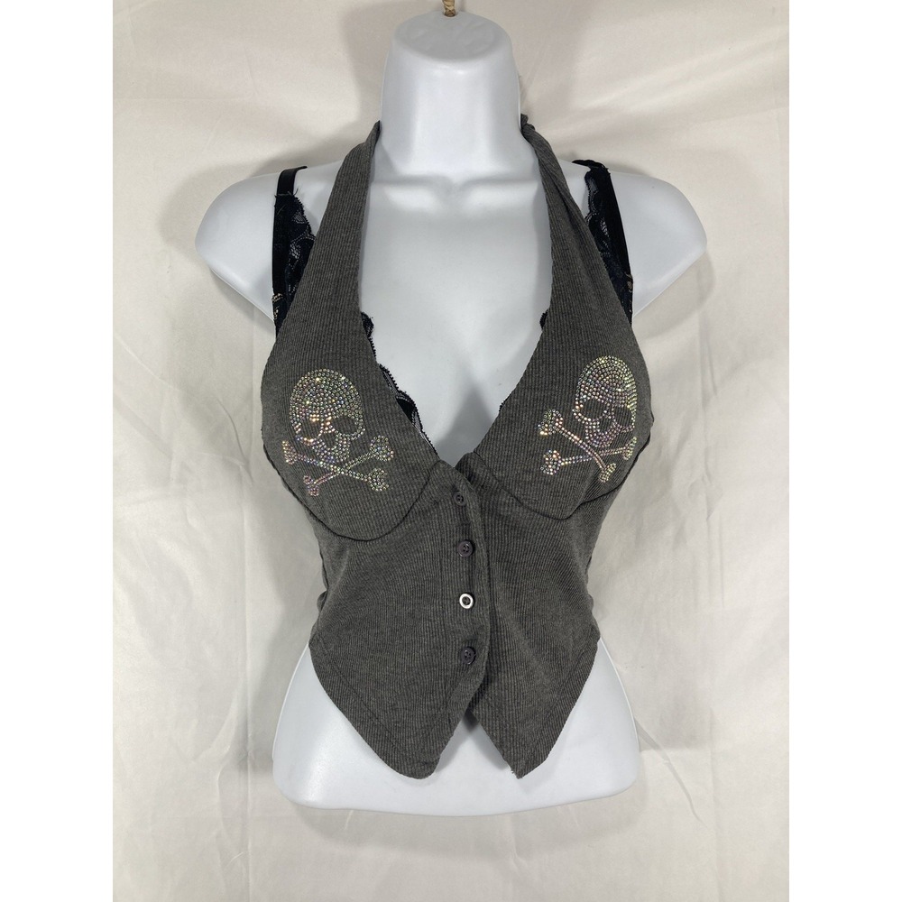 Womens Tie Back Halter  Crop Top Rhinestone Skull Pirates (bra Not Included)